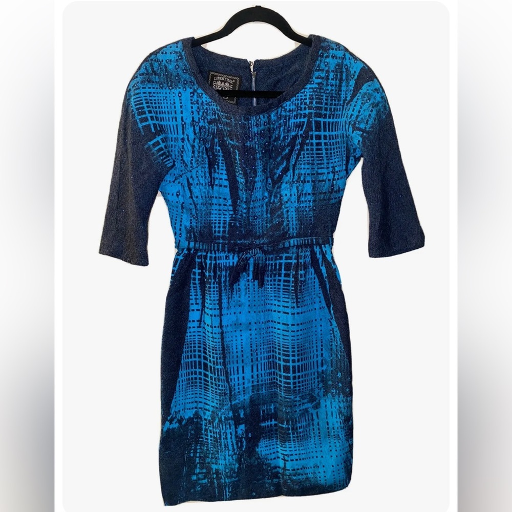 Vintage LIBERTINE Johnson Hartig blue sparkle crystal graphic handmade dress S